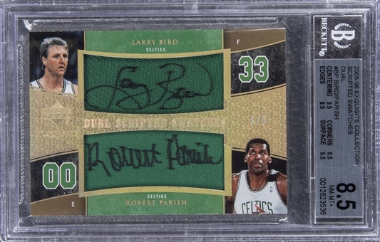 2005-06 UD "Exquisite Collection" Scripted Swatches Dual #BP Larry Bird/Robert Parish Dual Signed Game Used Patch Card (#3/5) – BGS NM-MT+ 8.5/BGS 10